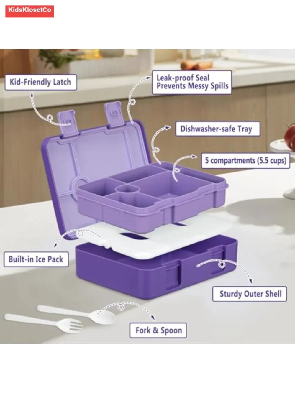 Leak Proof Bento Lunch Box with Ice Pack, 6 Compartments, Utensils, Dishwasher